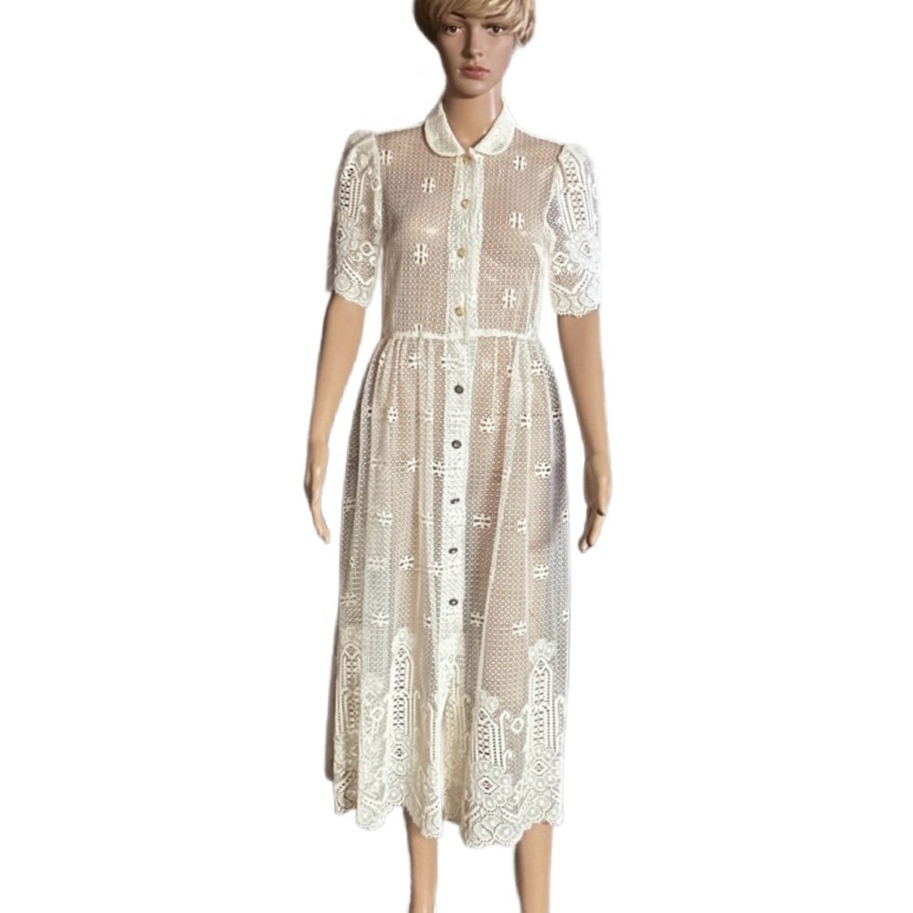 Vintage (1960’s) USA ~ Size 6 ~ Net Floral Lace Edwardian Embroidery Sexy Dress - Picture 3 of 16